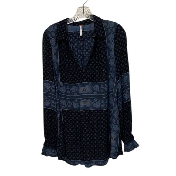 Free People Blue Dobby Times Tunic Top Blouse Womens Size Small Boho Floral - Picture 1 of 10
